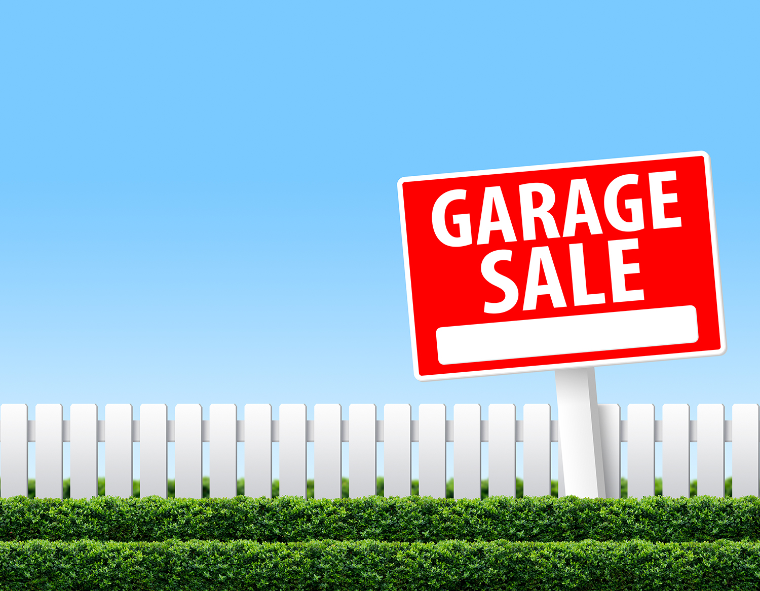 Garage Sale sign on white fence and clear sky